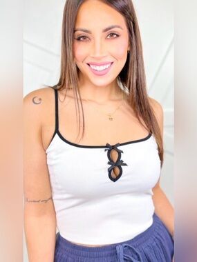White Ribbed Tank Top with Black Trim and Bow Accents